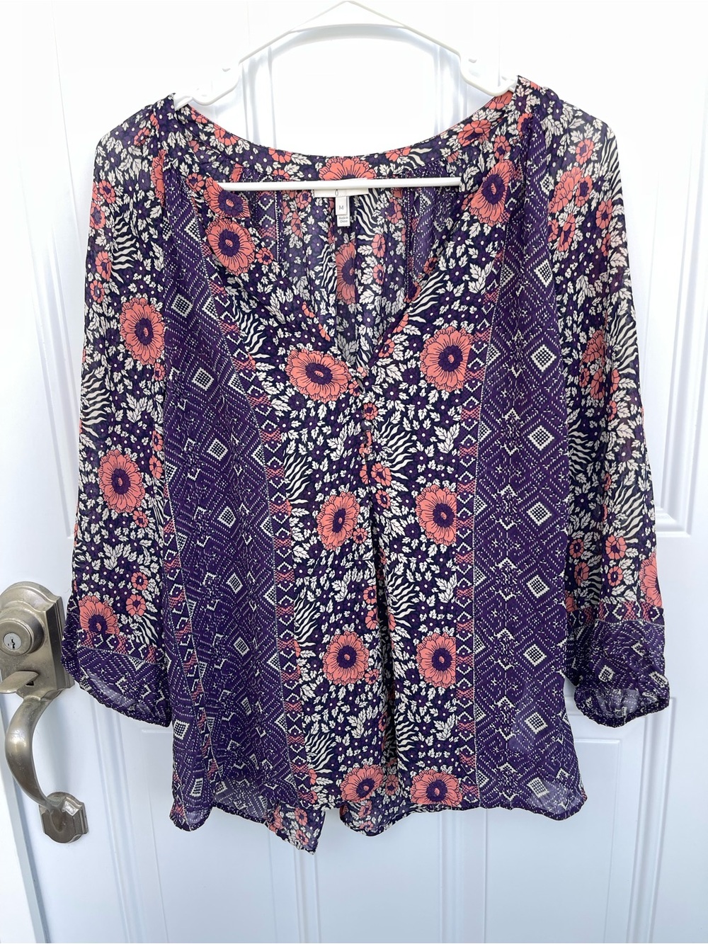 Joie Silk Floral Blouse V Neckline Purple & Pink Medium